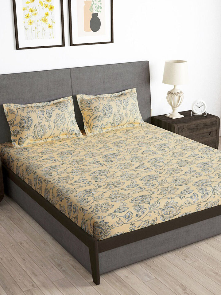Story@home Cream & Grey Floral 180 TC Queen Bedsheet with 2 Pillow Covers