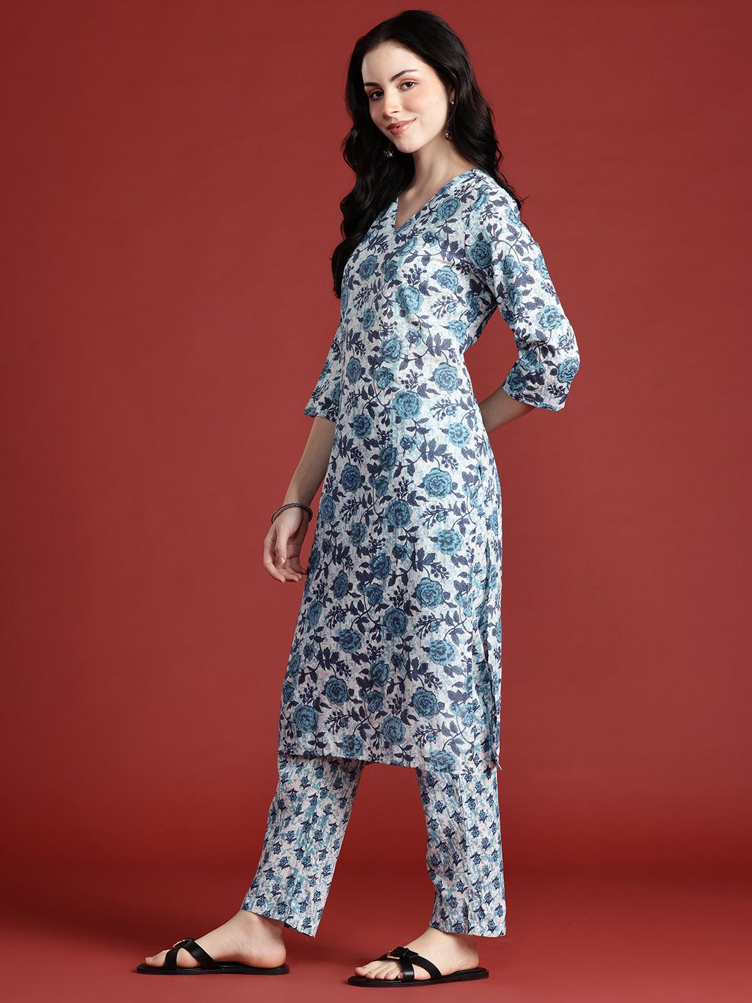 Anouk Floral Printed Pure Cotton Kurta With Trousers & Dupatta