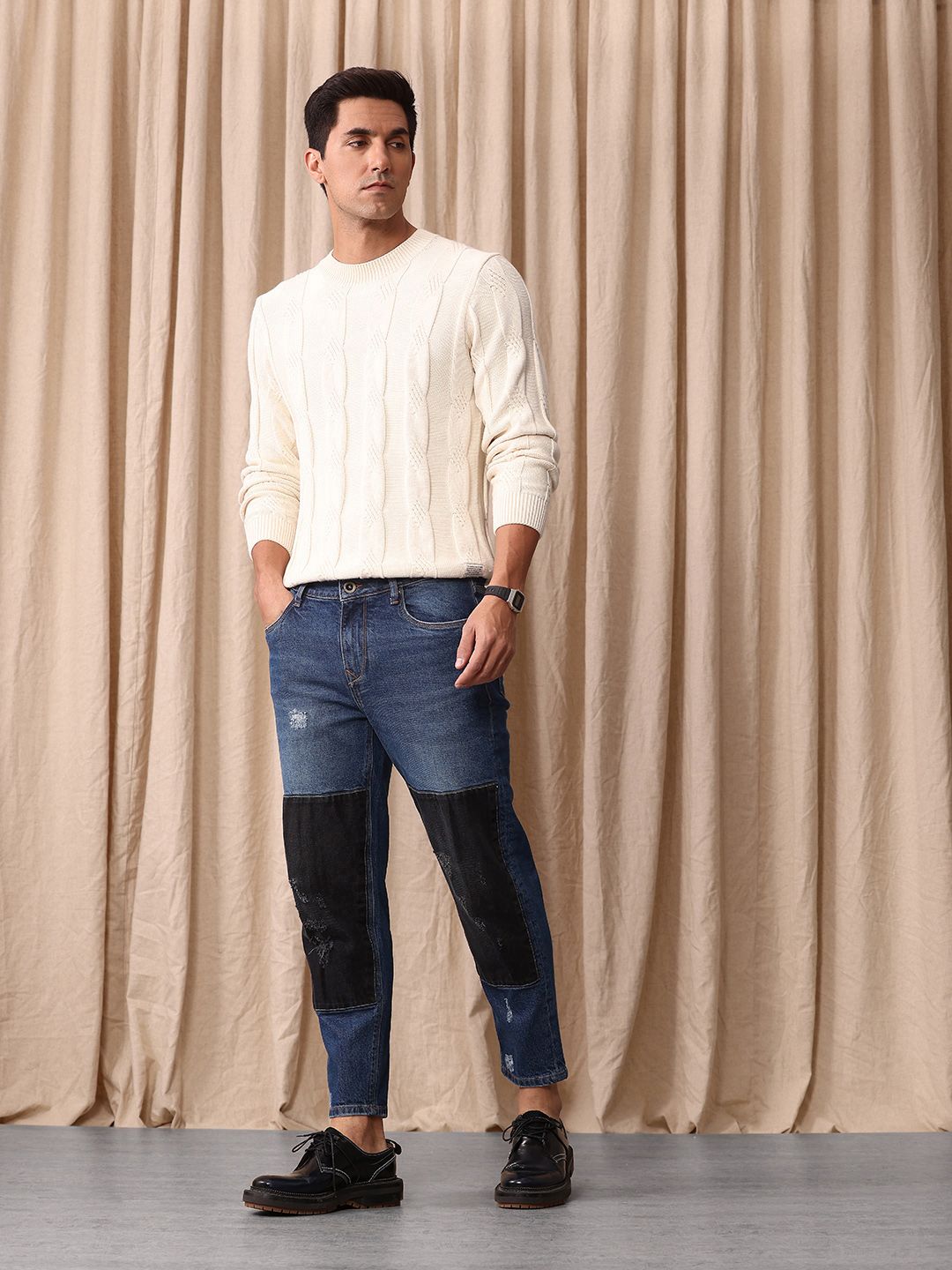Mr Bowerbird Men Tapered Cropped Mildly Distressed Light Fade Stretchable Jeans