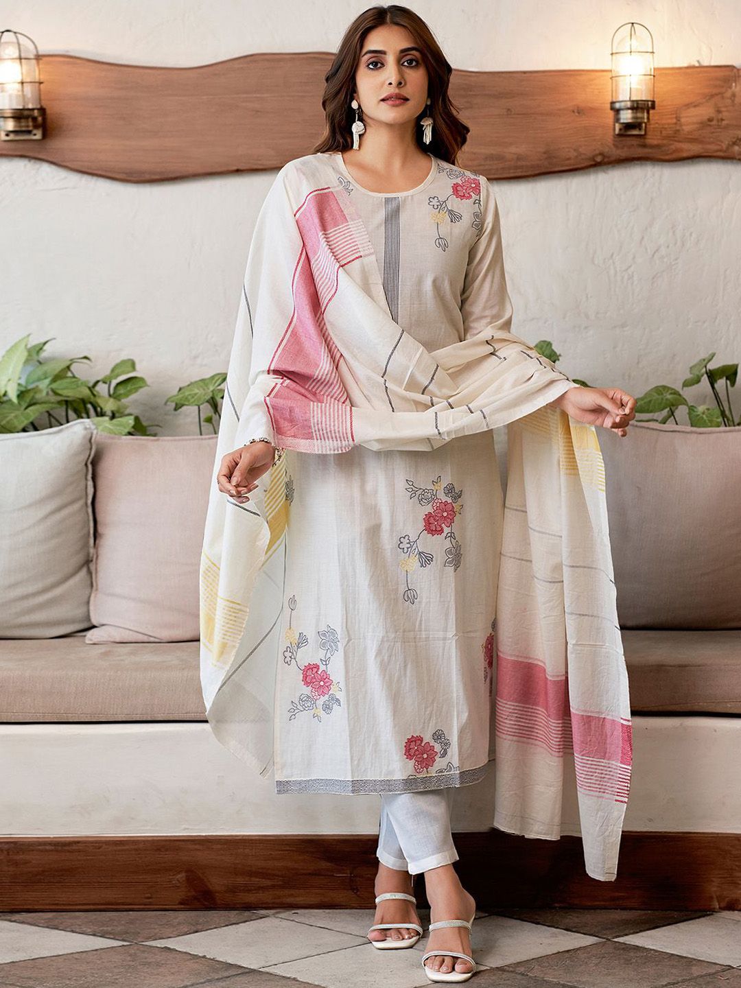KALINI Floral Printed Jacquard Straight Kurta with Trousers & Dupatta