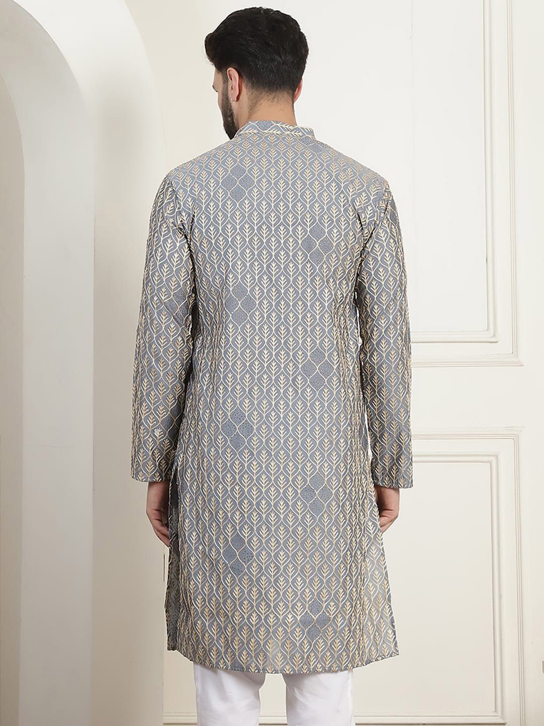 SOJANYA Kolar Mandarin Sulam Bunga Pure Cotton Kurta Lurus