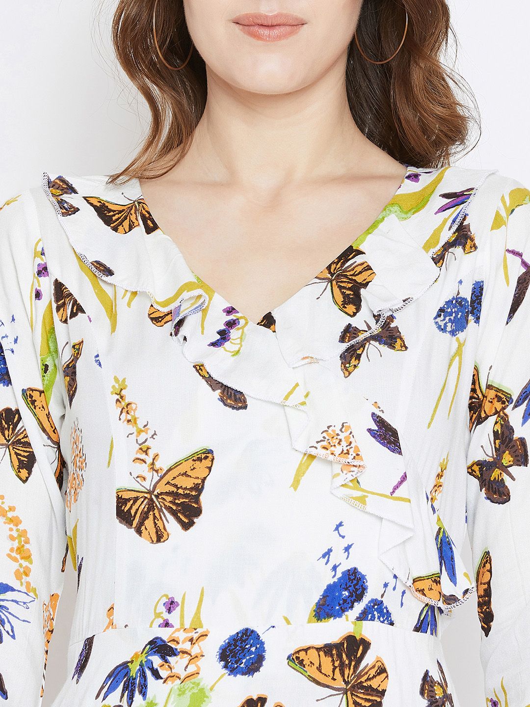 Berrylush Women White & Blue Butterfly Printed Wrap Dress
