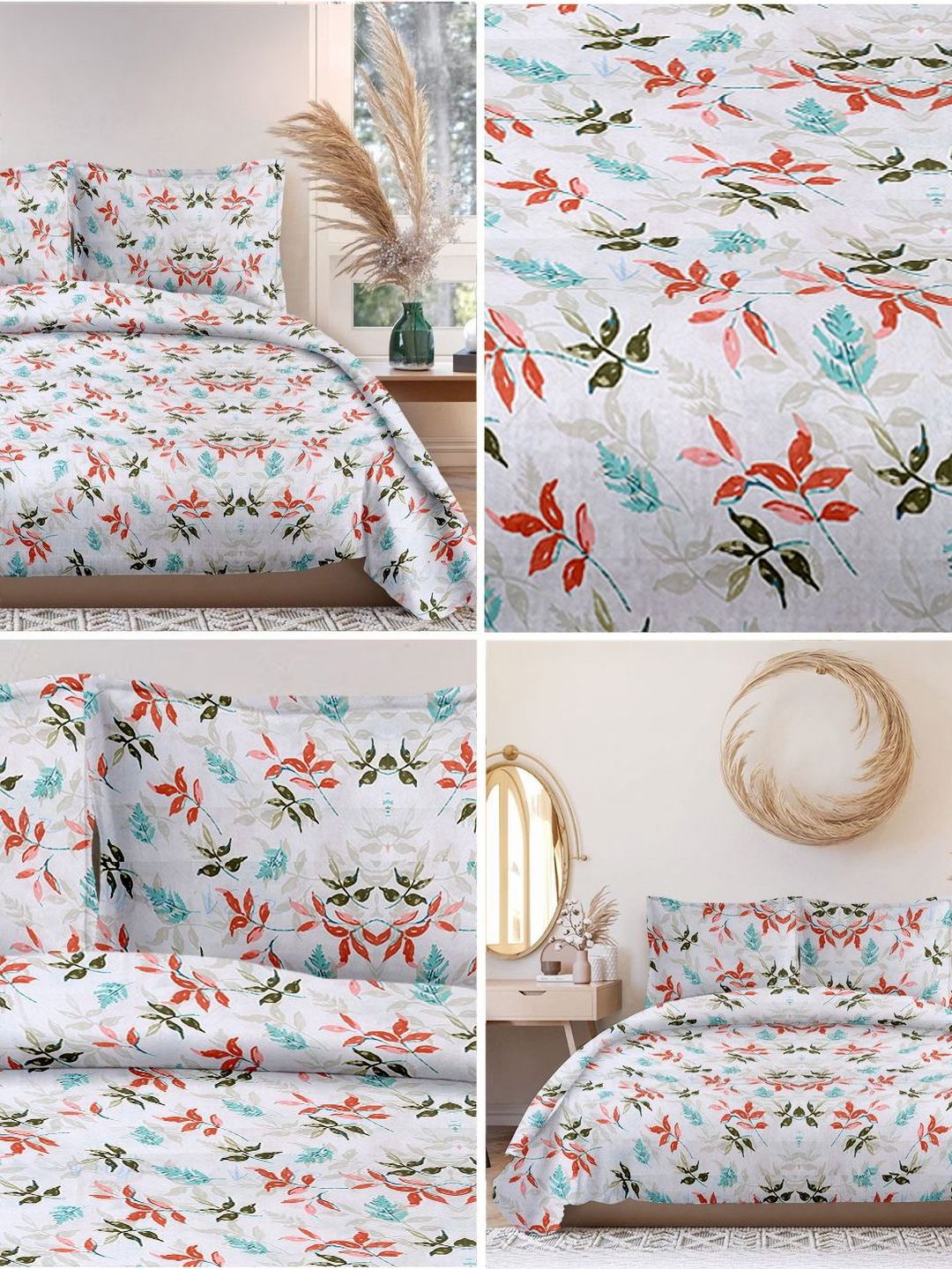 Cortina Glazed Cotton Red & White Floral 140 TC King Bedsheet with 2 Pillow Covers