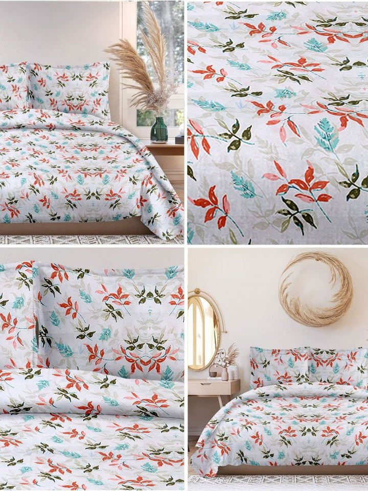 Cortina Glazed Cotton Red & White Floral 140 TC King Bedsheet with 2 Pillow Covers