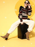 Berrylush Women Black Striped Knits Bits Sweater