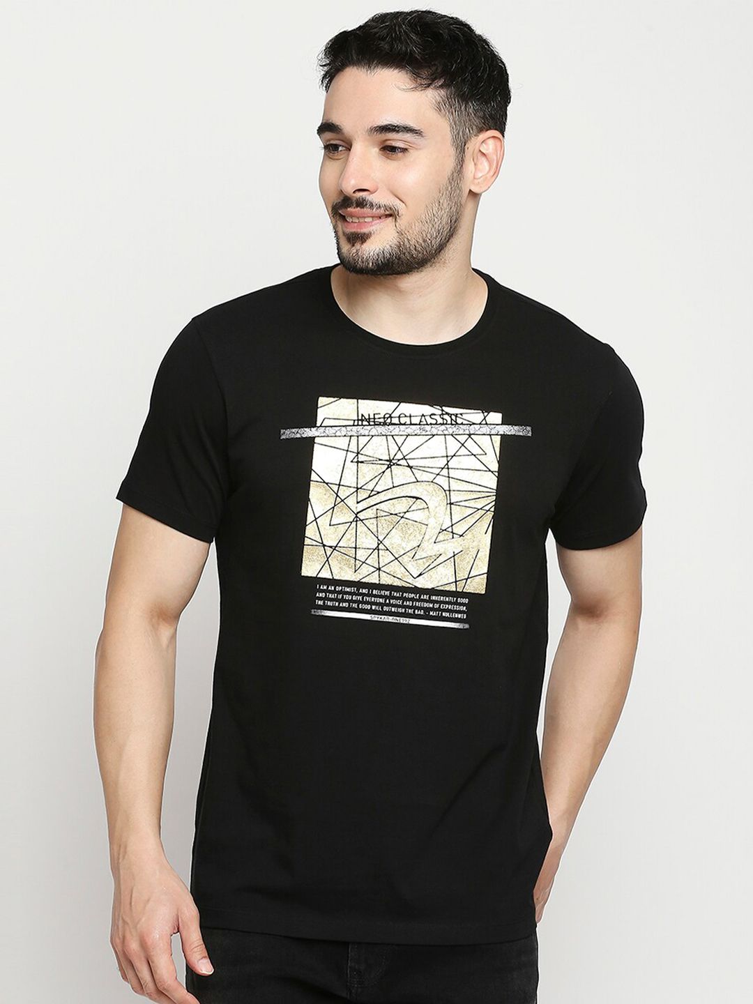 SPYKAR Men Black & Gold-Toned Printed Applique Slim Fit T-shirt