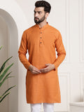 SOJANYA Men Orange Dobby Self-Checked Straight Kurta