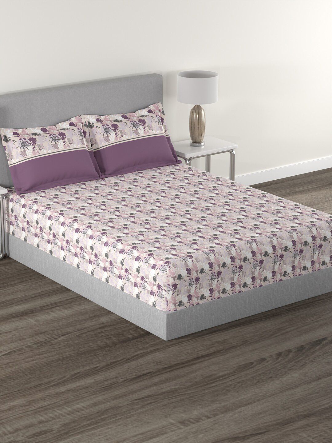 MYTRIDENT Mauve  White Floral Cotton 144 TC Queen Bedsheet With 2 Pillow Covers