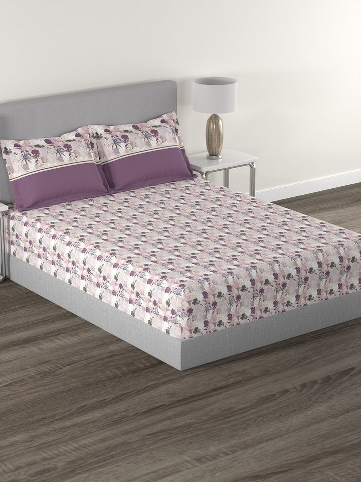 MYTRIDENT Mauve  White Floral Cotton 144 TC Queen Bedsheet With 2 Pillow Covers