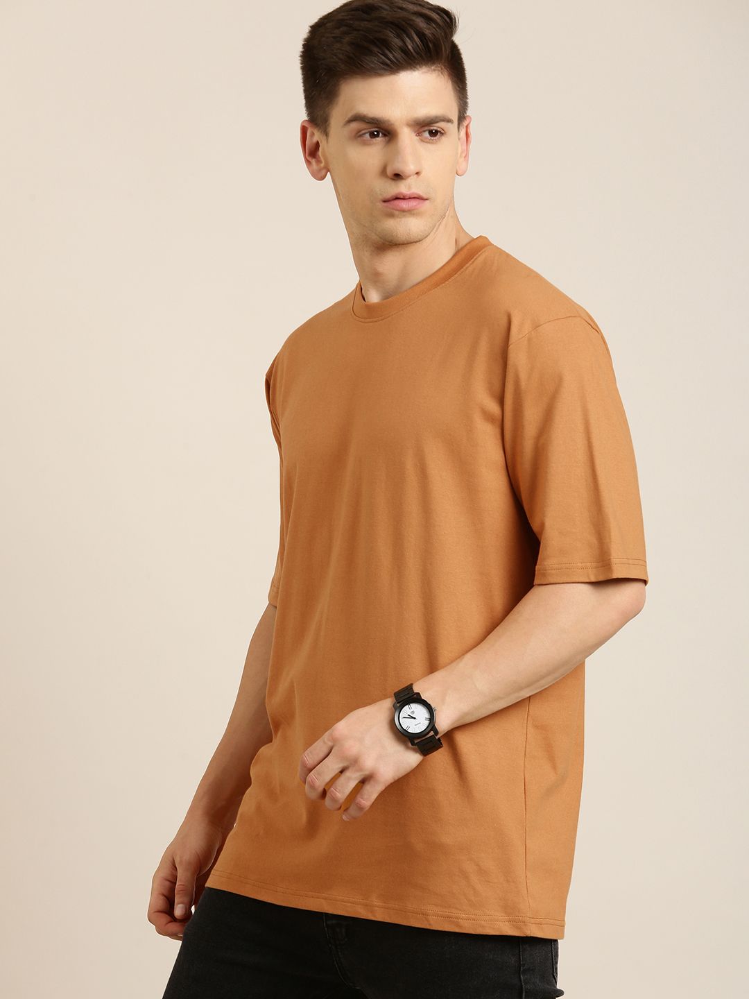 DILLINGER Men Brown Solid Pure Cotton Drop-Shoulder Sleeves Oversized Fit T-shirt