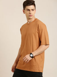 DILLINGER Men Brown Solid Pure Cotton Drop-Shoulder Sleeves Oversized Fit T-shirt