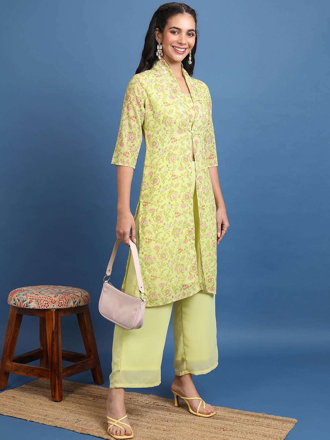 Vishudh Lime Green Printed Crop Top & Jacket With Palazzos