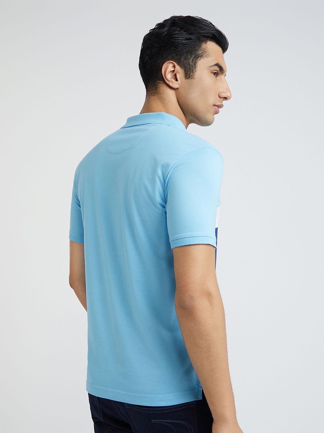 Park Avenue Men Blue & White Colourblocked Polo Collar Slim Fit T-shirt