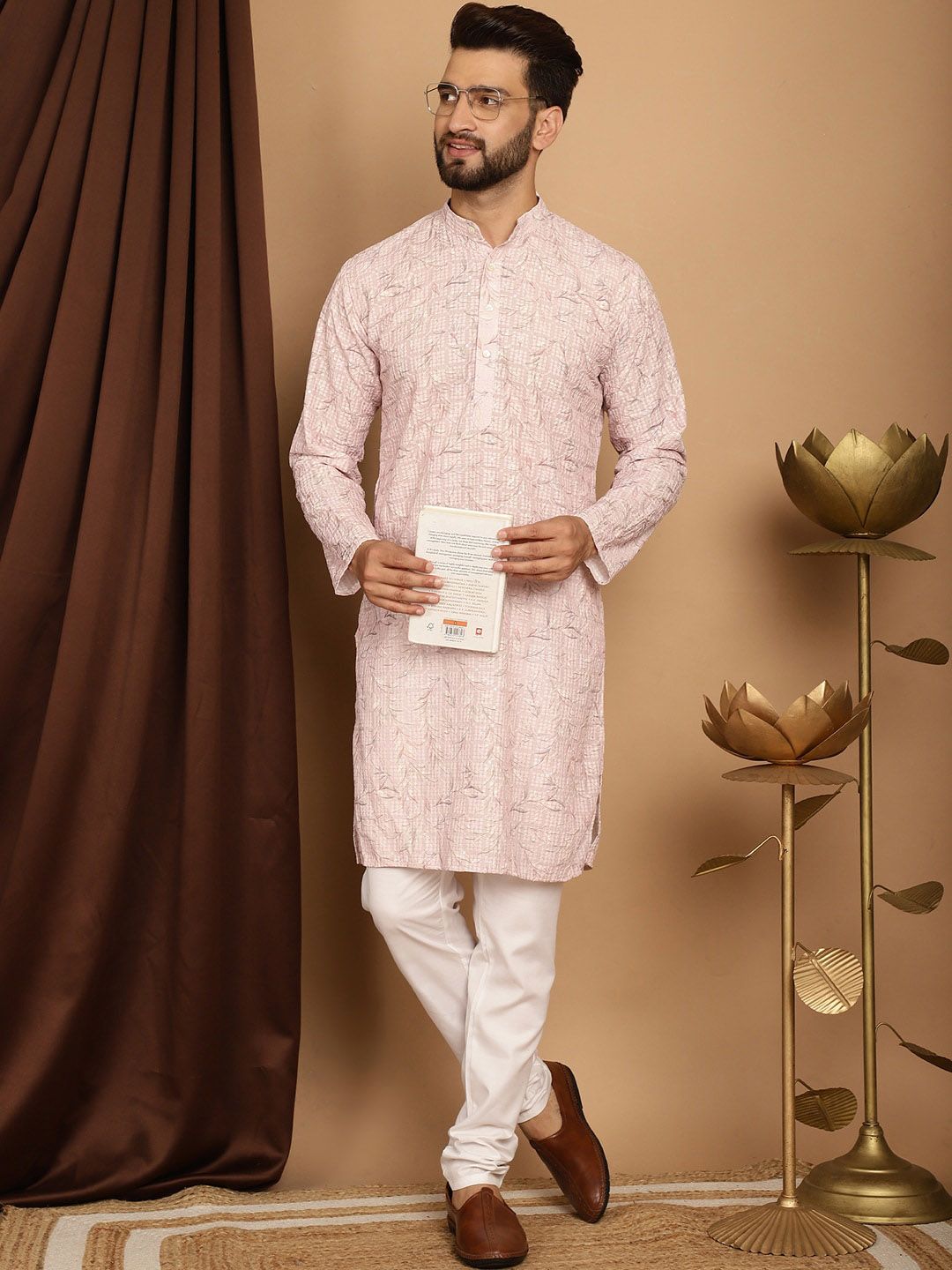 SOJANYA Floral Printed Band Collar Thread Work Regular Pure Cotton Kurta with Churidar