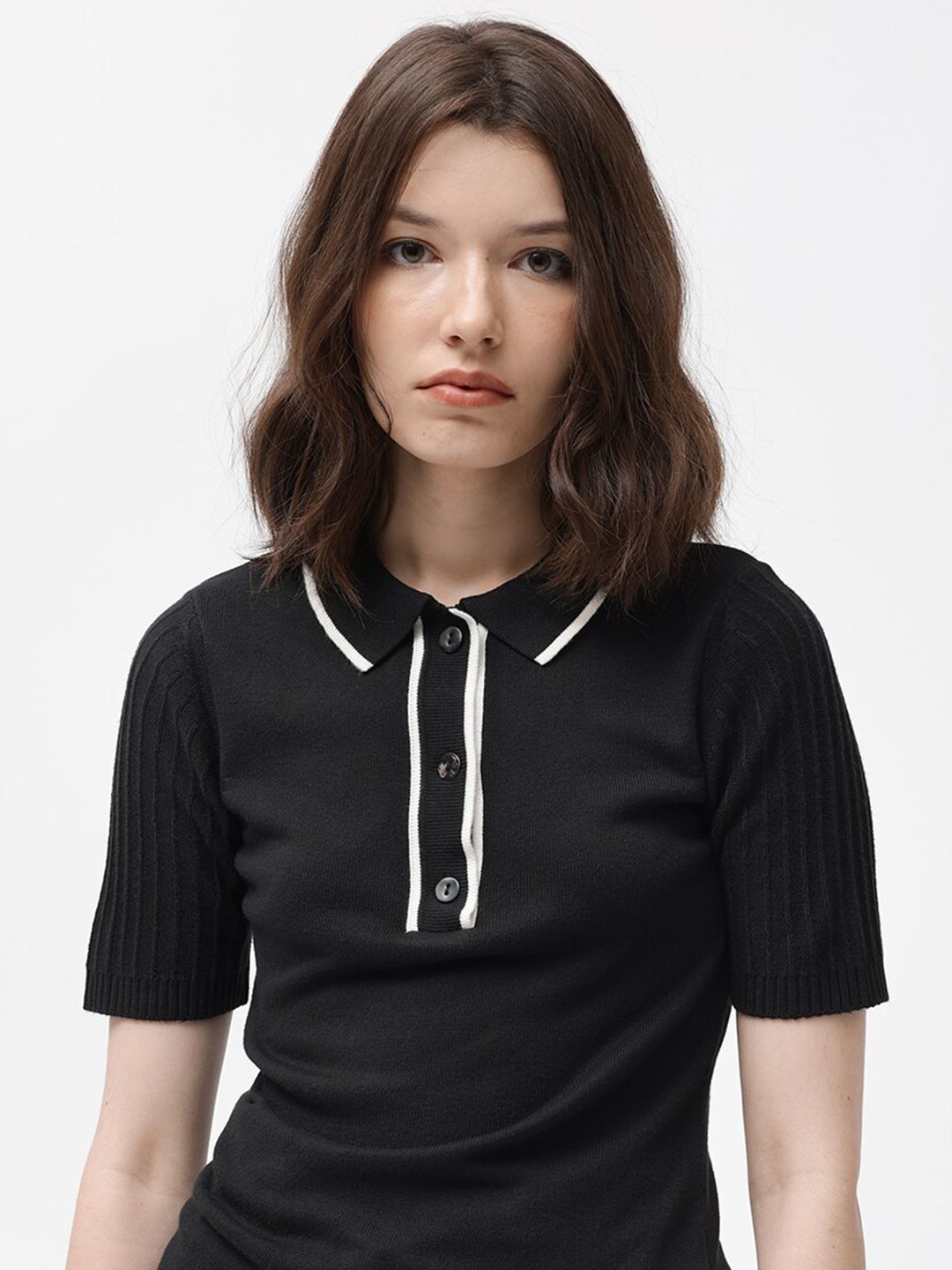 RAREISM Knitted Polo Collar Cotton T-Shirt