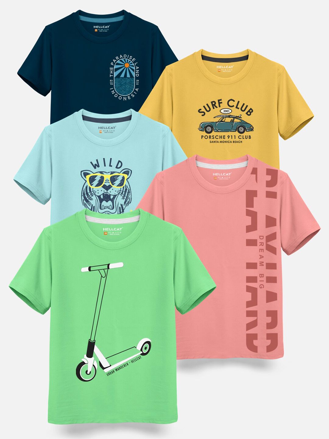 HELLCAT Boys Pack Of 5 Typography Printed Cotton T-shirt