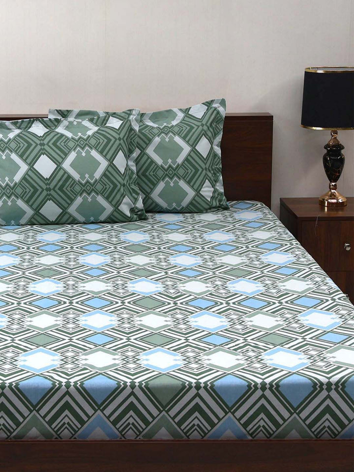 BOMBAY DYEING Aster Olive Green Floral 100 TC Cotton Queen Bedsheet Set-2.24 m X 2.44 m