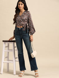 all about you Satin Finish Printed Puff Sleeves Wrap Crop Top