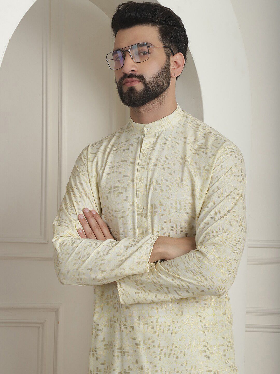 SOJANYA Floral Mandarin Collar Lengan Panjang Cotton Thread Work Kurta