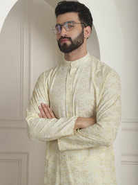 SOJANYA Floral Mandarin Collar Lengan Panjang Cotton Thread Work Kurta