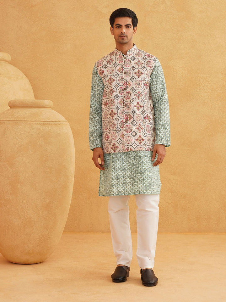 SOJANYA Kurta Bercetak Motif Etnik Lelaki Dengan Piyama & Jaket Nehru