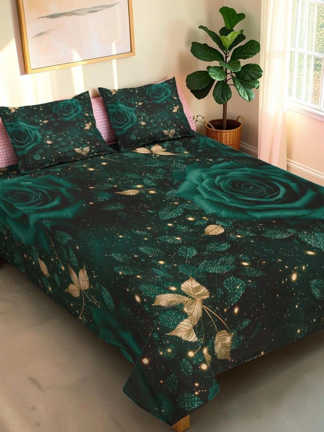Moda Rapido X KLOTTHE Green & Gold-Toned Floral 400 TC King Bedsheet with 2 Pillow Covers