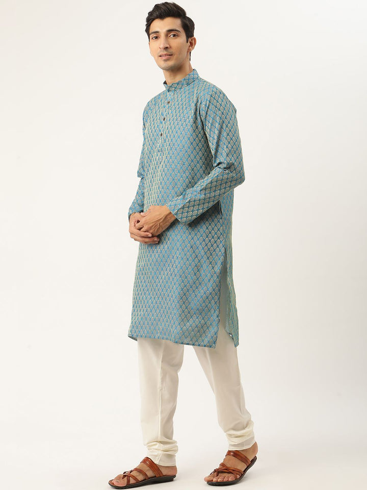 SOJANYA Men Blue Ethnic Motifs Kurta with Churidar & Nehru Jacket
