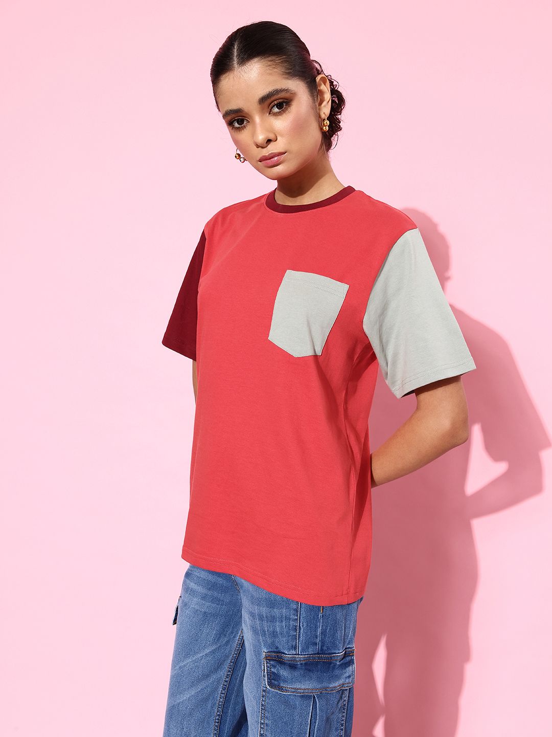 DILLINGER Women Colourblocked Pure Cotton Pockets T-shirt