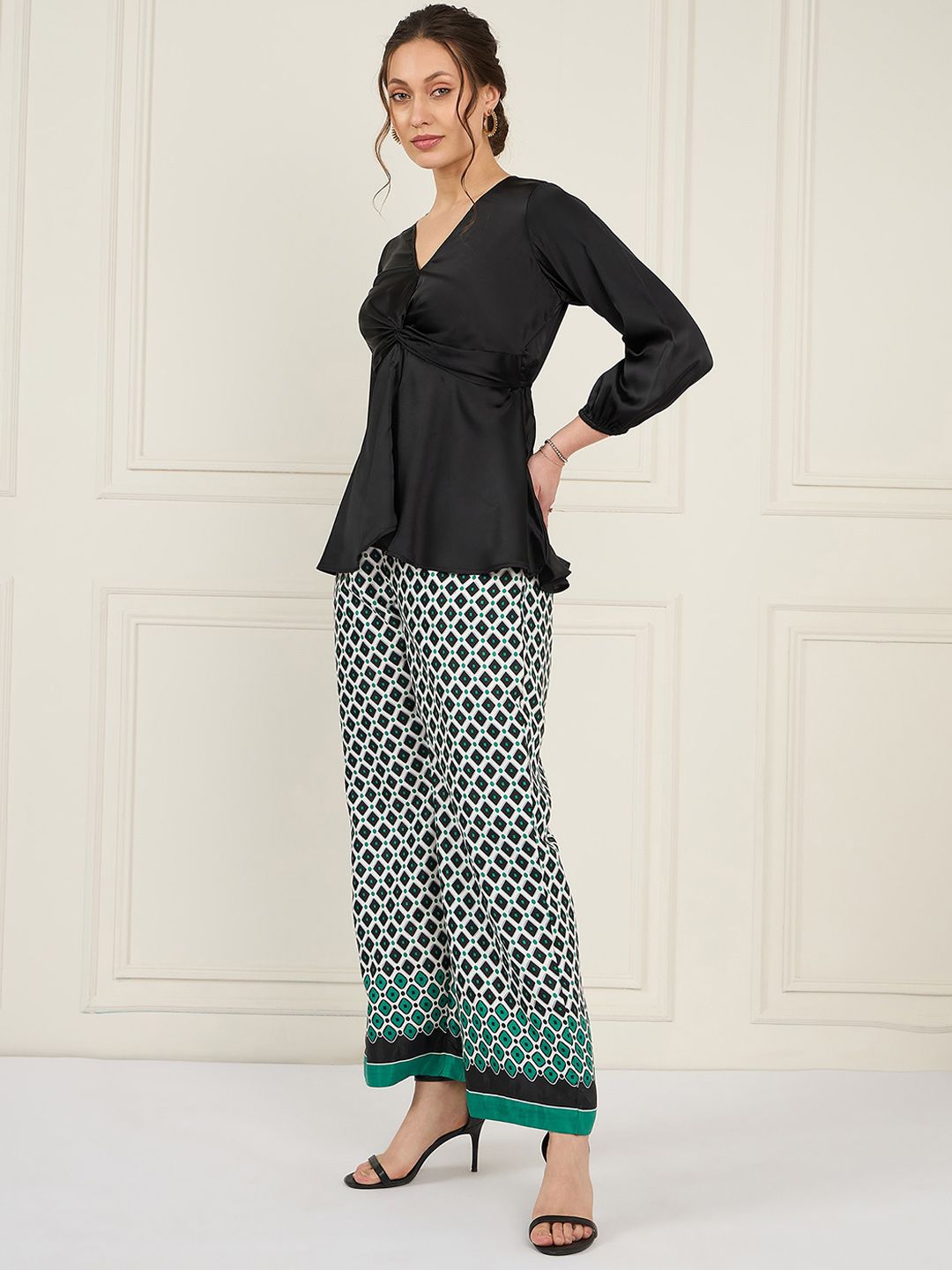 Antheaa Black V-Neck Puff Sleeves Satin Top With Printed Palazzos