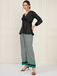 Antheaa Black V-Neck Puff Sleeves Satin Top With Printed Palazzos