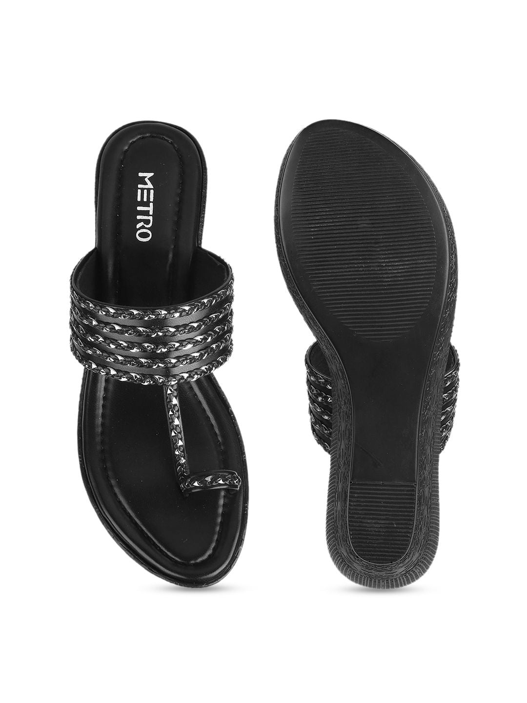 Metro Women Black Embellished Open Toe Wedges