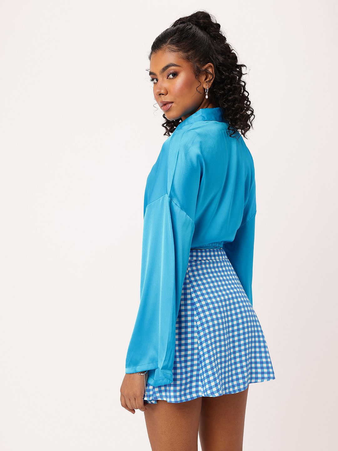 DressBerry Satin Spotlight Chic Blouson Shirt Style Crop Top