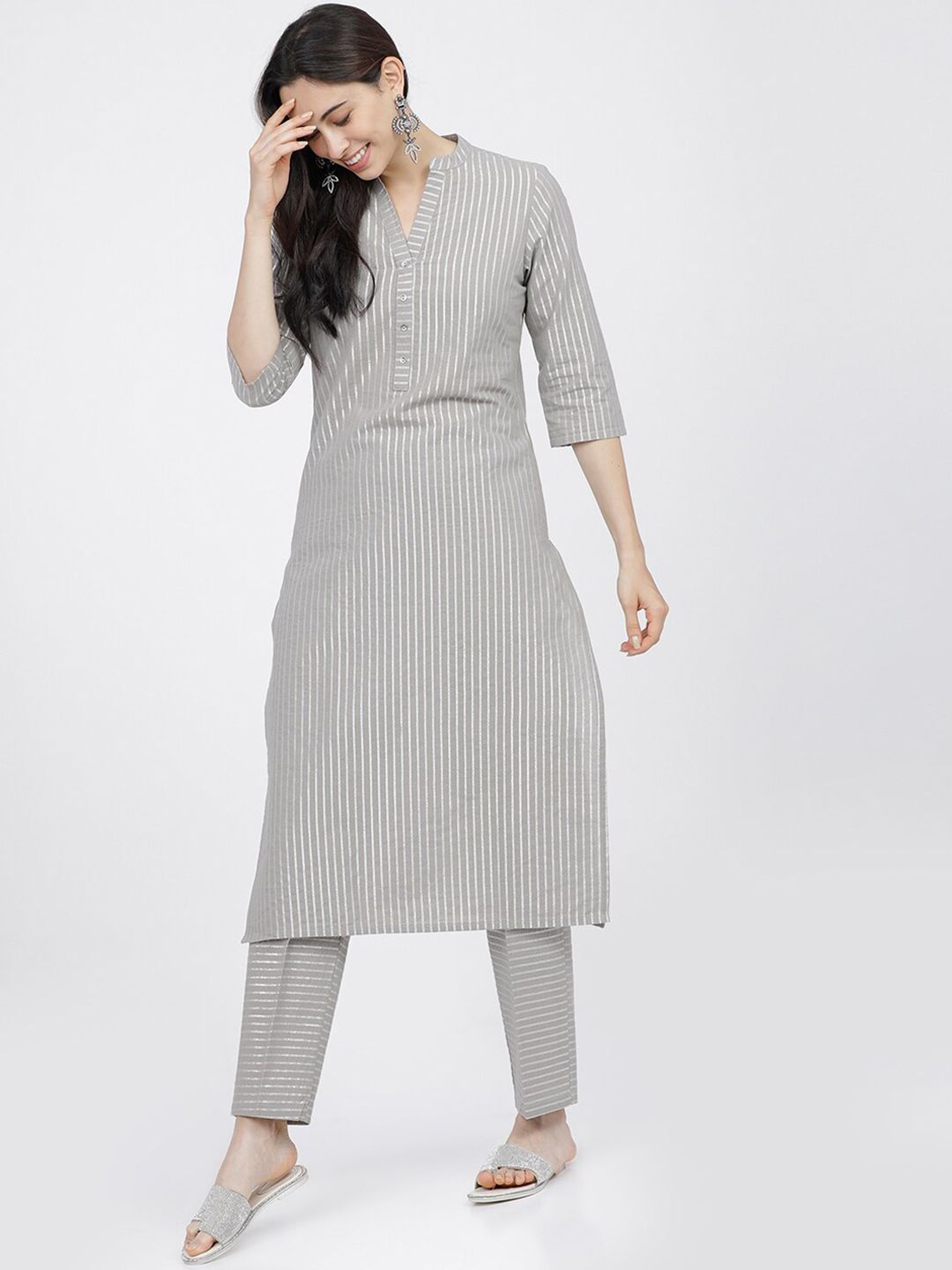 Vishudh Women Grey Striped Regular Pure Cotton Kurta with Trousers