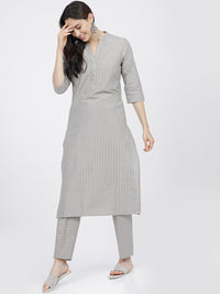 Vishudh Women Grey Striped Regular Pure Cotton Kurta with Trousers