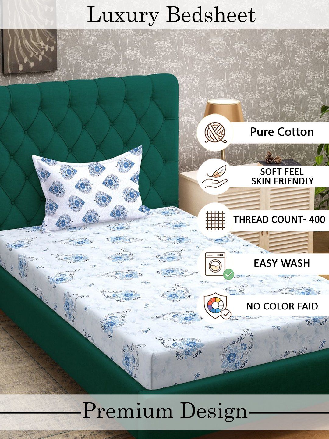 Myntra Elegant Homes Blue & White Floral 400 TC Single Bedsheet with 1 Pillow Covers