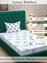 Myntra Elegant Homes Blue & White Floral 400 TC Single Bedsheet with 1 Pillow Covers