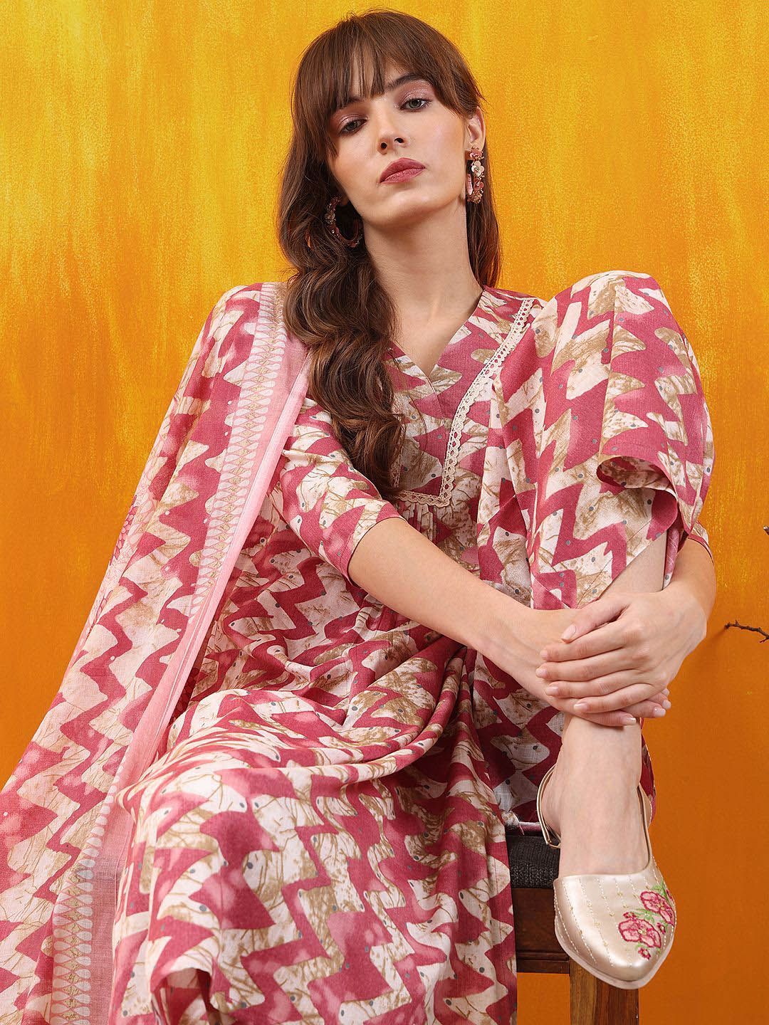 KALINI Chevron Printed V-Neck Straight Kurta With Palazzo And Dupatta