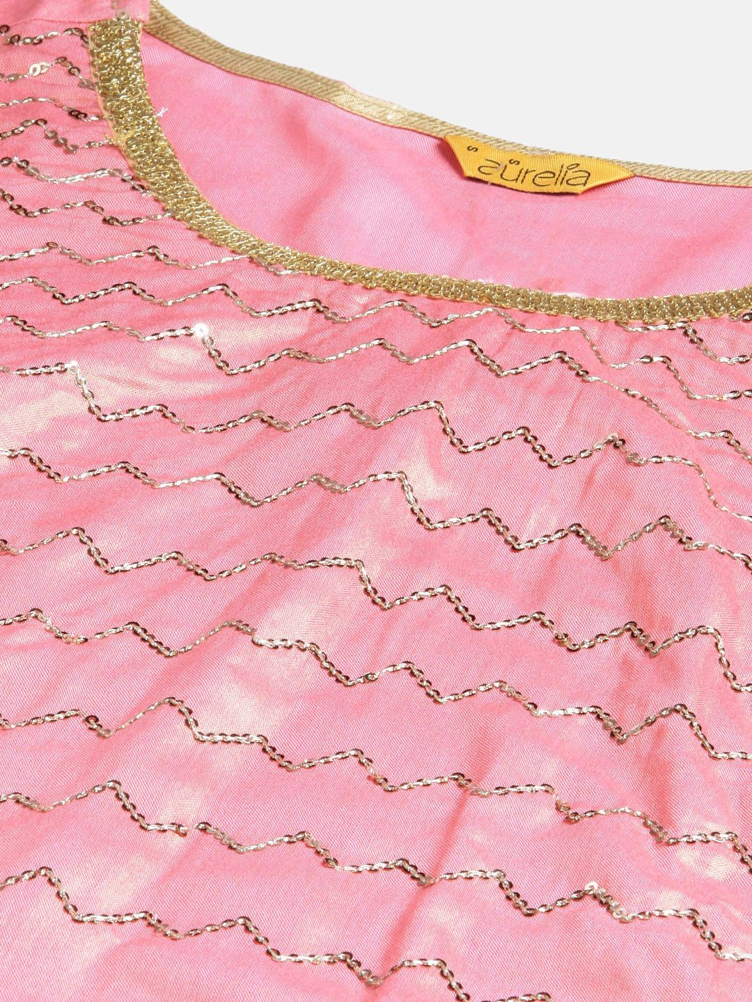 AURELIA Women Pink Sequin Embroidered Kurta with Sharara