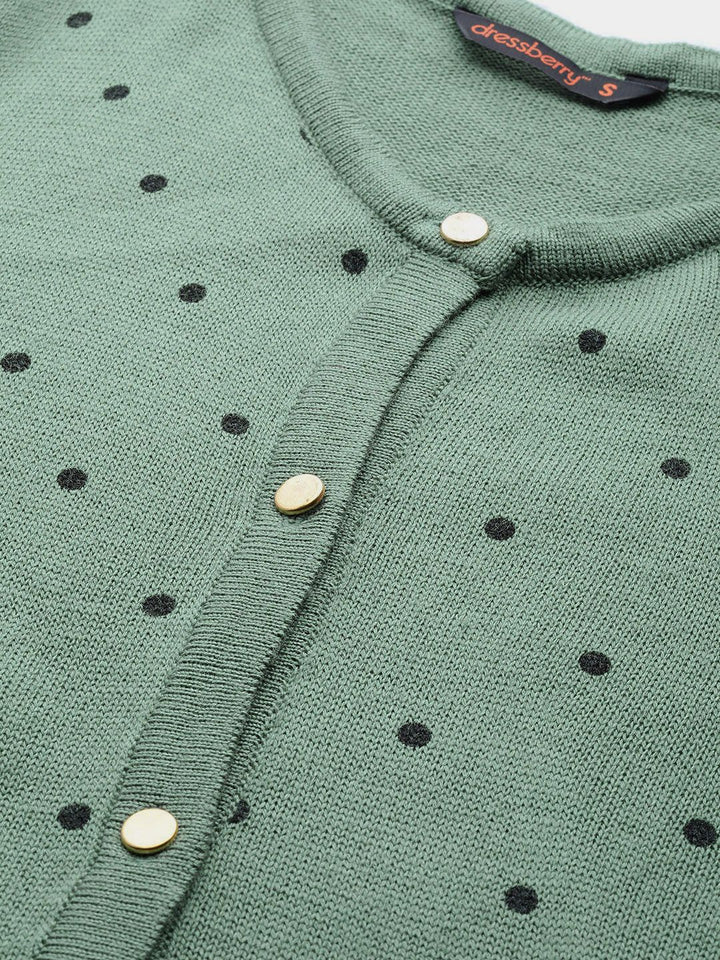 DressBerry Women Green & Black Printed Front-Open Sweater