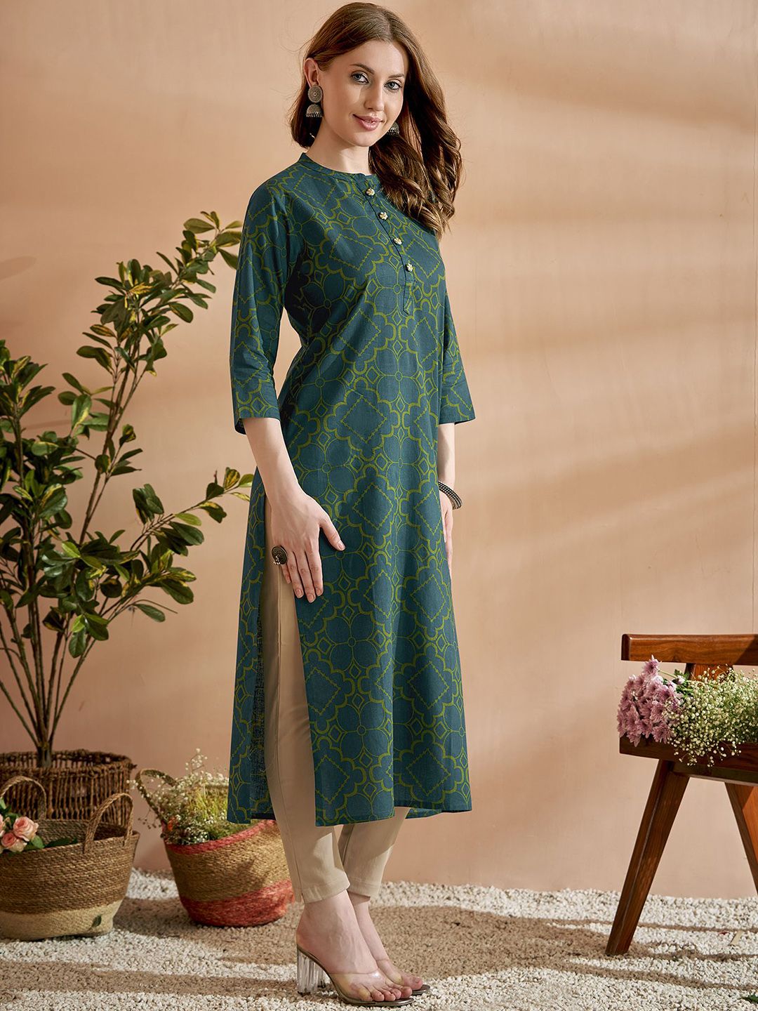 Anouk Green Ethnic Motifs Printed Mandarin Collar Cotton Regular Kurta