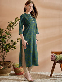 Anouk Green Ethnic Motifs Printed Mandarin Collar Cotton Regular Kurta