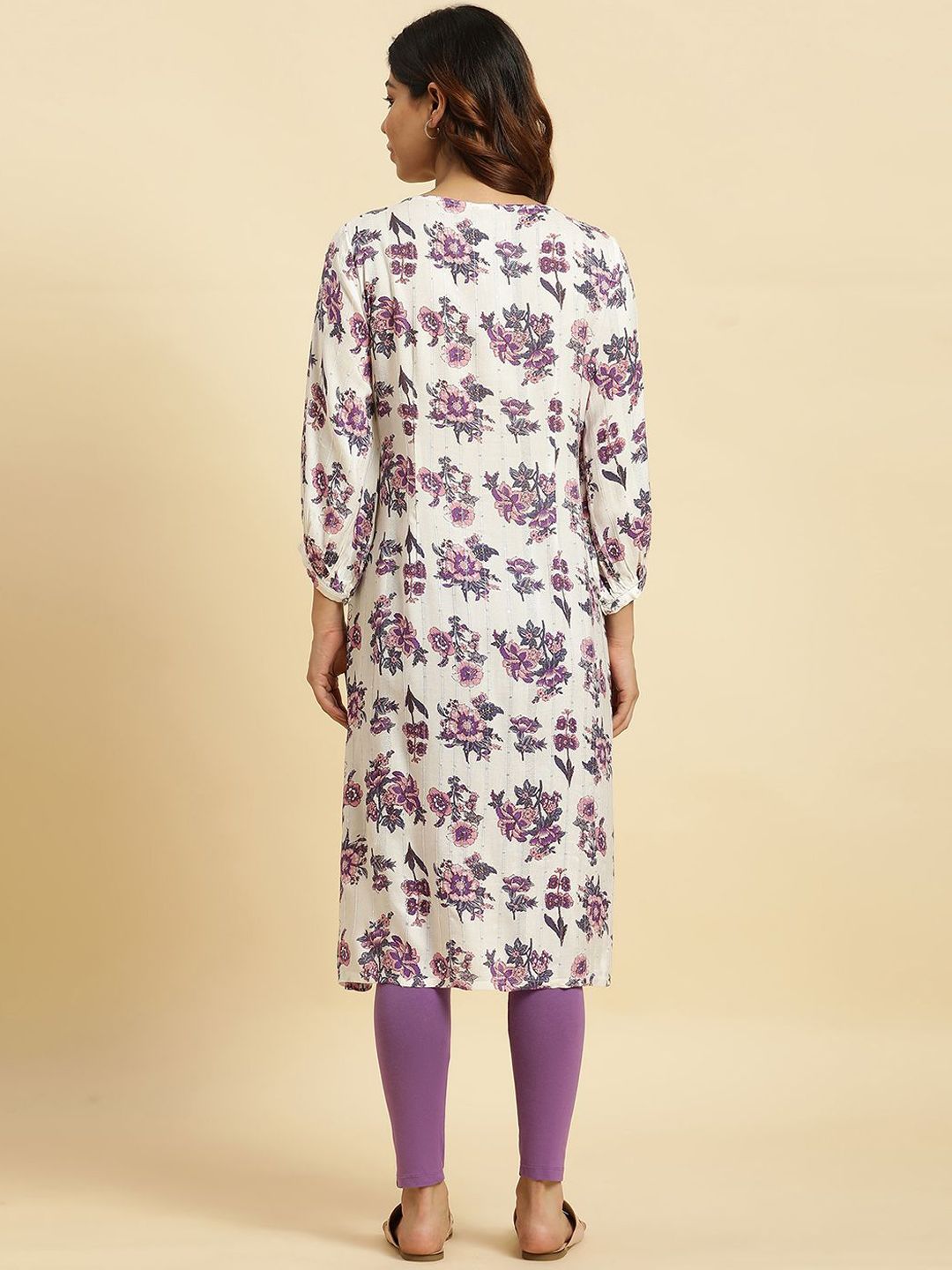 W Floral Printed Keyhole Neck Flared Sleeves Sequinned Straight Kurta