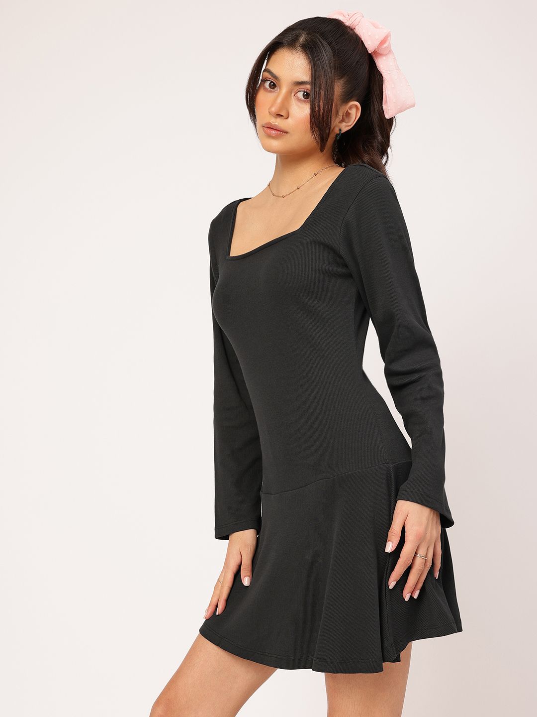 DressBerry Edgy Elegance Ribbed Drop-Waist Mini Dress