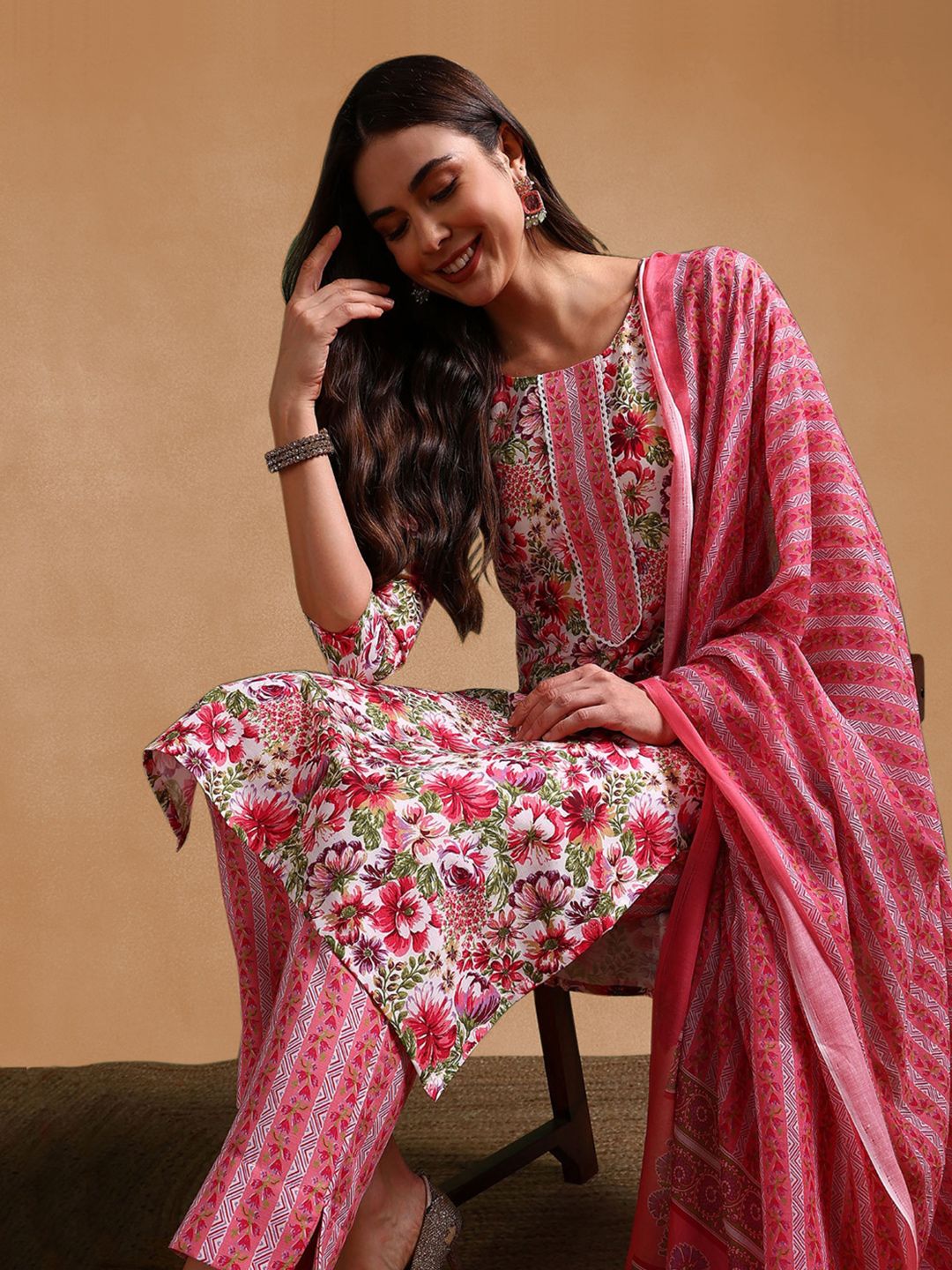 KALINI Floral Printed Round Neck Straight Kurta With Trousers & Dupatta