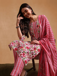 KALINI Floral Printed Round Neck Straight Kurta With Trousers & Dupatta