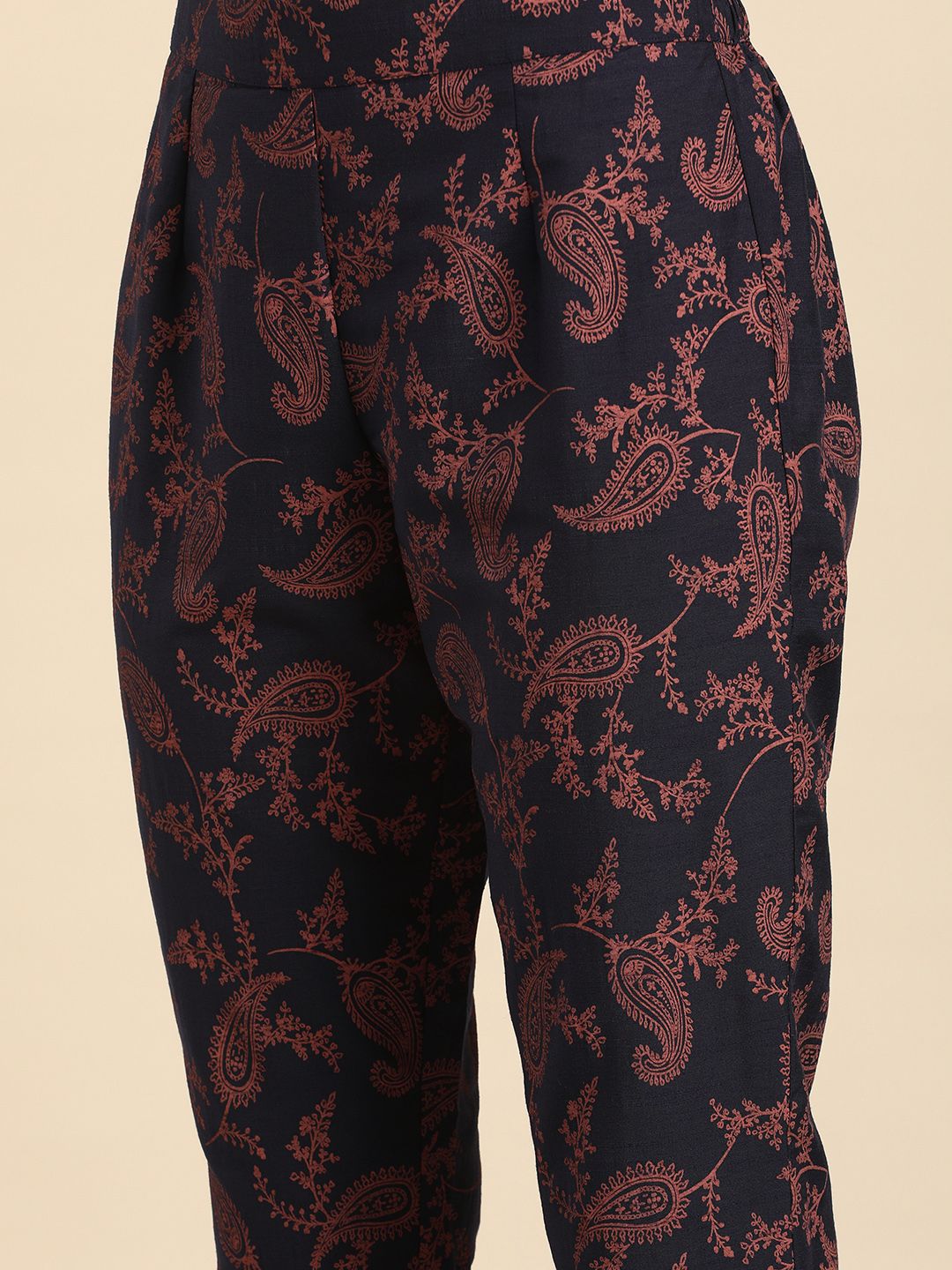 all about you Women Navy Blue Ethnic Motifs Printed Regular Kurta with Printed Trousers