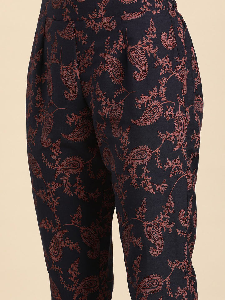 all about you Women Navy Blue Ethnic Motifs Printed Regular Kurta with Printed Trousers