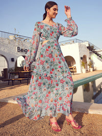 STREET 9 Green & Pink Floral Printed Bell Sleeve Maxi Dress
