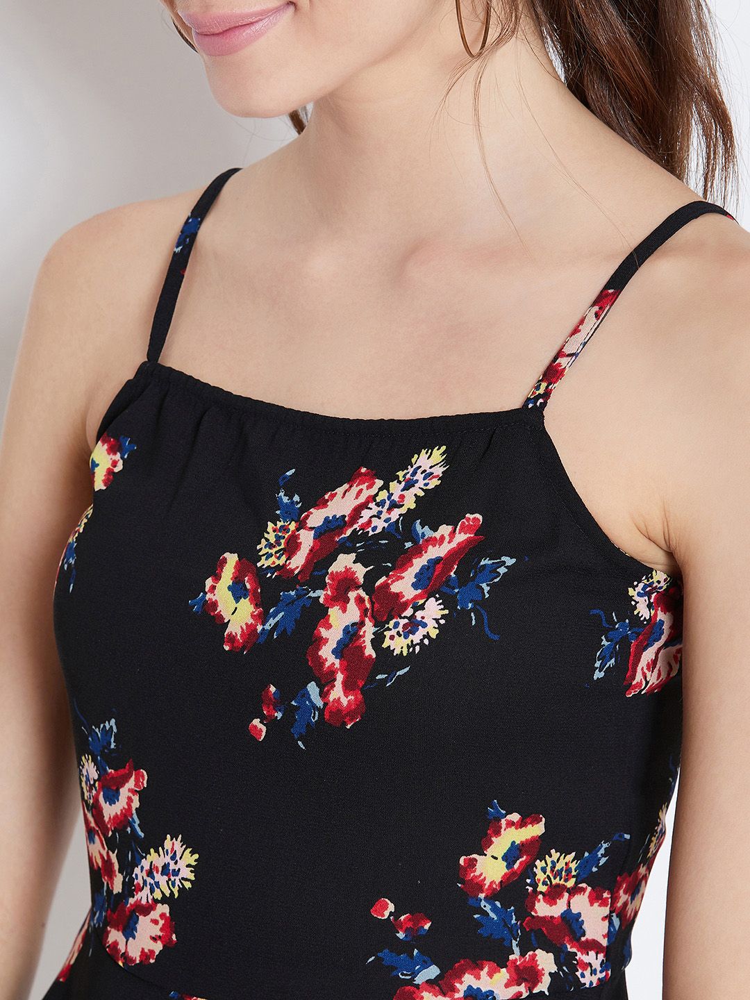 Berrylush Women Black & Red Floral Printed Fit and Flare Dress