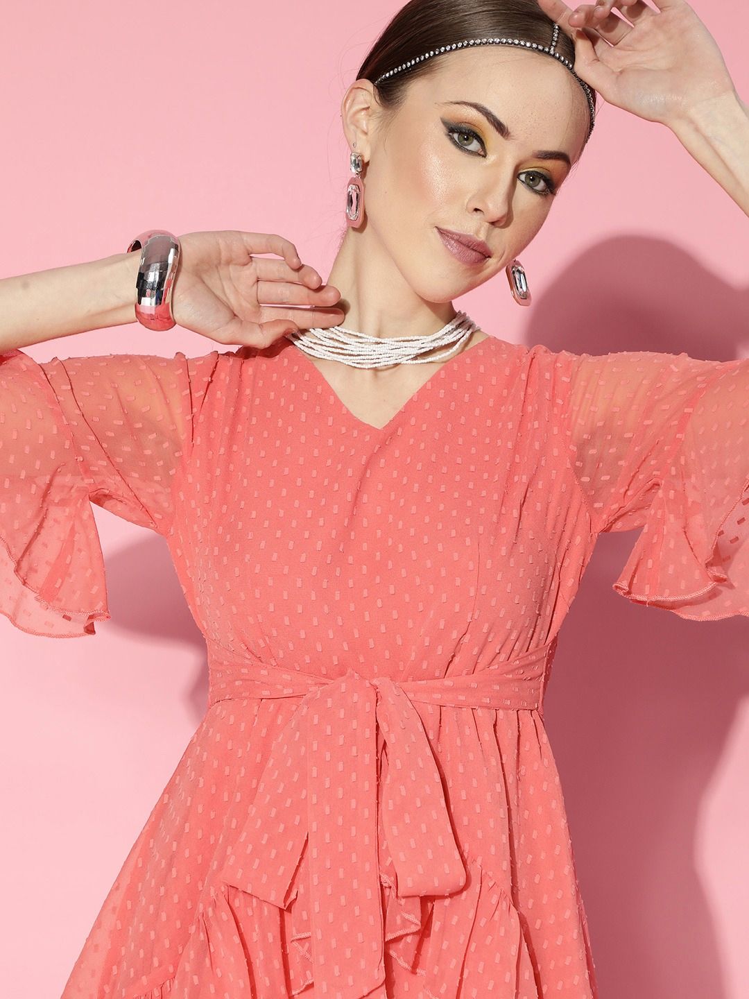 Berrylush Pink Self Design Ruffle Detail Dress